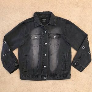 Endless Love Faded Black Denim Jacket Size Large Grommets Moto Grunge Goth Vamp